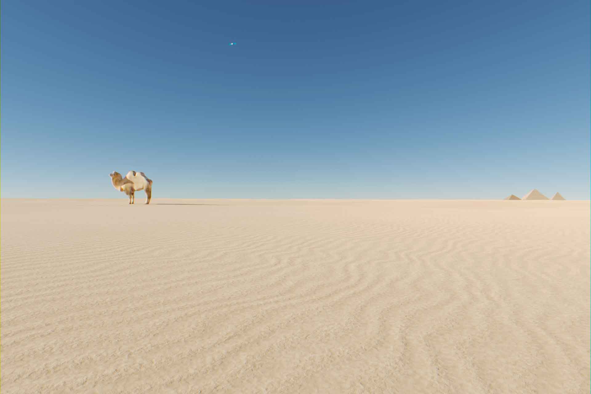 CG camel and pyramids with satellite