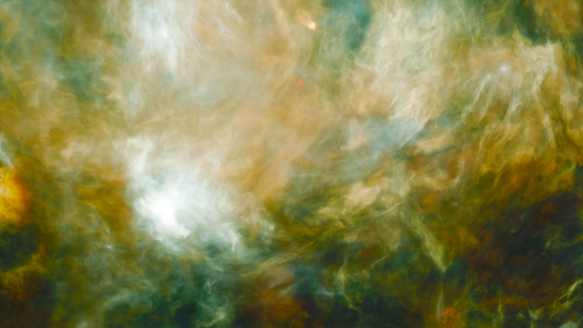 green and orange nebula in space render